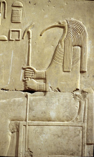 مصر القديمة، الرسم على الجدران/النحت، الإله تحوت، معبد سيتي الأول، أبيدوس بواسطة المدرسة المصرية