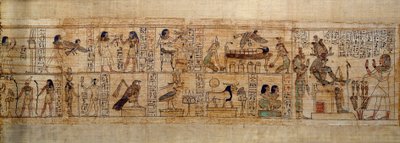 بردية الفن الأسطورية المصرية القديمة في سيريمن. في الأعلى: سيرين يحب الإله أوزوريس الذي يمثله شعاره في مدينة أبيدوس. روح الموتى على شكل طائر تحلق فوق مومياءه تراقبها الإلهة إيزيس (على اليسار) ونفتيس (على اليمين) بواسطة المدرسة المصرية
