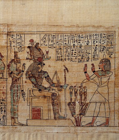 الفن المصري القديم: بردية سيريمين الأسطورية. سيرين في العبادة أمام الإله بتاح سوكار أوزيريس تليها إيزيس. مخطوطة الأسرة الحادية والعشرين (حوالي 1069-945) ، الفترة الانتقالية الثالثة (حوالي 1069-664 قبل الميلاد). لوحة. بواسطة المدرسة المصرية