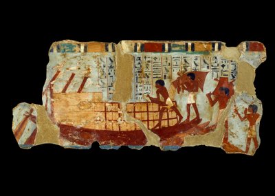 الفن المصري القديم: تحميل الحبوب على قارب على الطمي من مقبرة أونو (1450 قبل الميلاد). بواسطة المدرسة المصرية