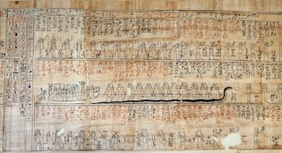 العصور القديمة المصرية: ورق البردي مأخوذ من كتاب البيوت السرية. هذا الكتاب عبارة عن تمثيل معلق لرحلة الشمس تحت الأرض خلال اثنتي عشرة ساعة من الليل. تم رسمه أولاً على جدران الكتب الملكية ، ثم نُسخ على جدرانه بواسطة المدرسة المصرية