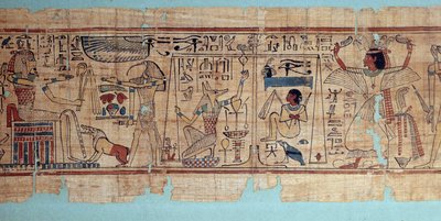 الآثار المصرية: تفاصيل البردية الأسطورية لنسكباشوطي ، كاتب محاسب لحبيبات علية آمون. يزن أنوبيس قلب (روح) المتوفى. الأسرة الحادية والعشرون بواسطة المدرسة المصرية