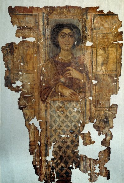 الأنتيكيت المصري: كفن من الكتان مرسوم ومزين لامرأة من أنطينو. القرن الرابع الميلادي. باريس ، متحف اللوفر بواسطة المدرسة المصرية