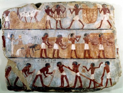 الأنتيكيت المصري: رسم جداري من مقبرة أونسو في طيبة: أعمال الحقول: الحرث ، الغرس ، الحصاد ، حمل الحزم ، نزع الحزم ونزع الحبوب. ريج تحتمس (تحتمس أو تحتمس) ثالثا بواسطة المدرسة المصرية