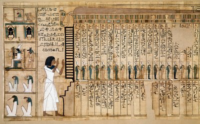 الآثار المصرية: جزء من كتاب الموتى ، بردية نبق. تفصيل يمثل وصول المتوفى فيما بعد. الأسرة الثامنة عشر. 1400-1350 ق. باريس ، متحف اللوفر - مصر القديمة: جزء من كتاب الموتى ، بردية ني بواسطة المدرسة المصرية