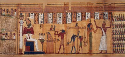 الآثار المصرية: وزن الأرواح ، بردية من كتاب موتى شهابيمو ، رئيس علماء الفلك آمون. الفترة البطلمية (332-30 قبل الميلاد) حوالي 500-100 قبل الميلاد ، باريس ، متحف اللوفر بواسطة المدرسة المصرية