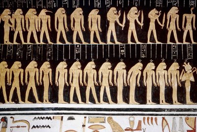 الأقصر، طيبة: وادي الملوك، رسم الإله والإلهة على الجدار الداخلي للمعبد. بواسطة المدرسة المصرية