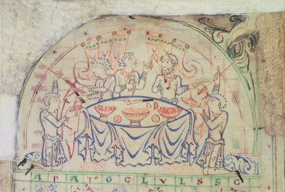 قطن MS Tiberius C VI f.5v مشهد احتفال من التقويم ، الربع الثالث من القرن الحادي عشر - النصف الثاني من القرن الثاني عشر (مخطوطة) بواسطة مدرسة اللغة الإنجليزية