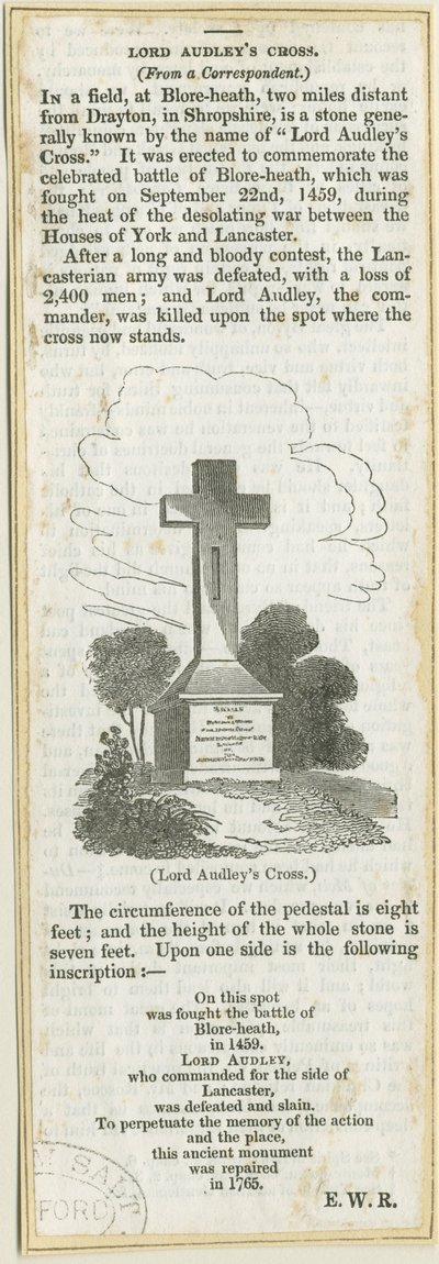 Drayton-in-Hales - &39;Audley Cross on Blore Heath&39;: نقش على الخشب ، nd [؟ 19th cent] (print) بواسطة مدرسة اللغة الإنجليزية