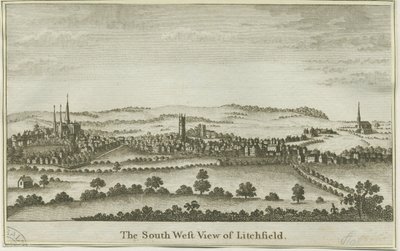 Lichfield - منظر الجنوب الغربي: نقش على لوح نحاسي ، بدون تاريخ [أواخر القرن الثامن عشر] (طباعة) بواسطة مدرسة اللغة الإنجليزية