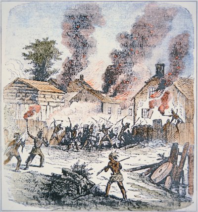 Nipmuc Indians attack the settlement of Brookfield, Massachusetts in August 1675 (coloured engraving) بواسطة مدرسة اللغة الإنجليزية