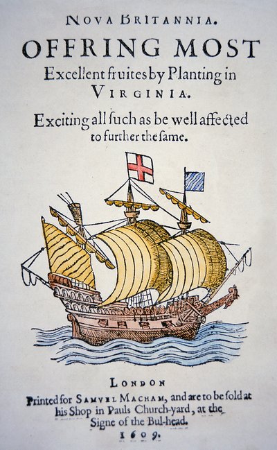 كتيب يشجع المستعمرين على الذهاب إلى فرجينيا في أمريكا ، نُشر عام 1609 (لون ليثو) بواسطة مدرسة اللغة الإنجليزية