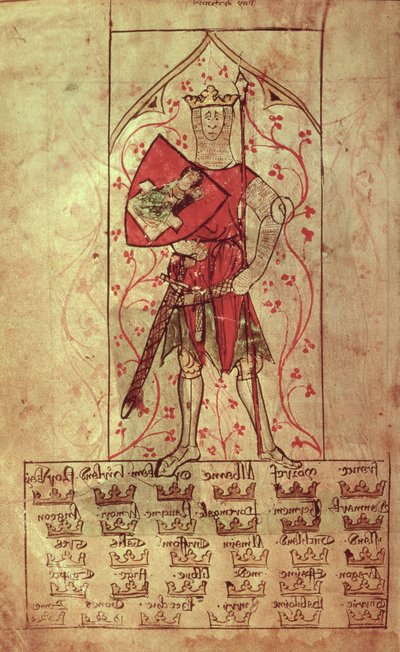 Roy 20 A II f.4r King Arthur and the Thirty Kingdoms المكتوبة في عهد إدوارد الثاني (1248-1327) بواسطة مدرسة اللغة الإنجليزية