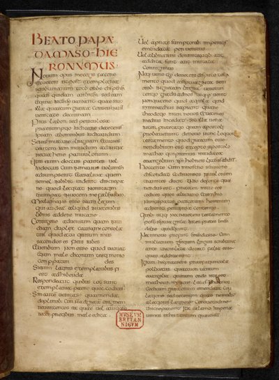 Royal MS Q E VI f.2r صفحة من الأناجيل ("الكتاب المقدس الملكي") (ورق) بواسطة مدرسة اللغة الإنجليزية