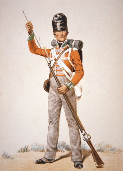 جيش ويلينجتون: جندي من القدم 69 يحمل بندقية 'Brown Bess' في عام 1815 (لون ليثو) بواسطة مدرسة اللغة الإنجليزية