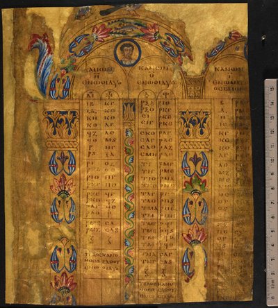 طاولات كانون ، القرنين السادس والسابع ، إضافة MS 5111 ، f.11r (قلم وحبر مع ورقة ذهبية على الرق) بواسطة المدرسة الأوروبية