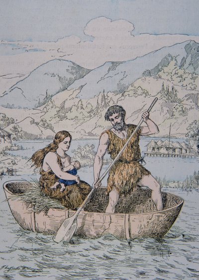 Ancient Gauls in Coracle type boat (colour litho) بواسطة المدرسة الفرنسية