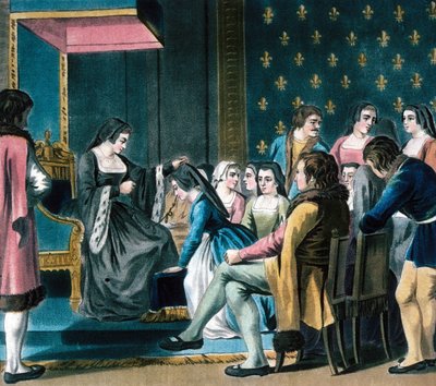 آن دي بريتاني تعطي "Ordre de la Cordeliere" لسيدة في الانتظار (نقش ملون) بواسطة المدرسة الفرنسية