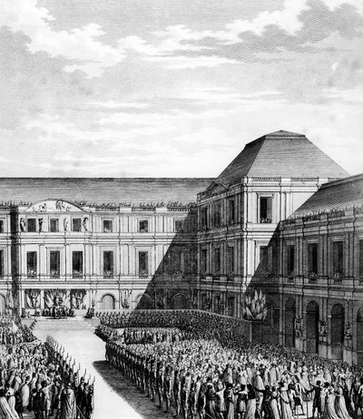 Fete قدمه نابليون الأول بونابرت (1769-1821) في قصر دو ديريكتوار الوطني (Palais du Luxembourg) في باريس بعد تجارة Campo Formio في 20 frimaire An VI (10 ديسمبر 1797). باريس ، مكتبة معهد تاريخ الثورة بواسطة المدرسة الفرنسية