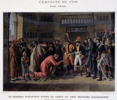 الجنرال بونابرت يعطي سيفاً للقائد العسكري للإسكندرية - في "" Victoires et Conquêtes des Armees Francaises "، باريس ، nd بواسطة المدرسة الفرنسية