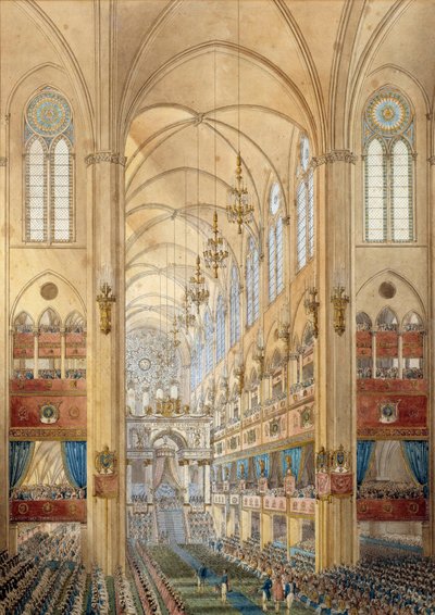 Interior of the cathedrale Notre Dame de Paris during the sacre of Napoleon I (1769-1821) on 2/12/1804. Watercolour around 1804. Ile d