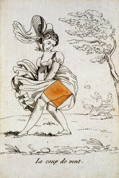 بطاقة قديمة للعب: آس الماس - "" عاصفة الريح "" "رفع تنورة المرأة. Musée de la Carte à Joucher، Issy-les-Moulineaux. بواسطة المدرسة الفرنسية