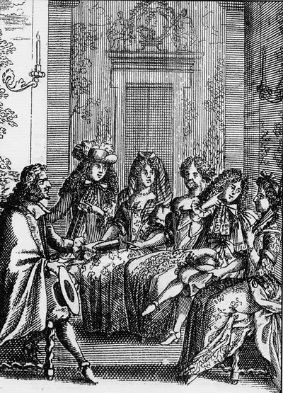 تمثيل مشهد من مسرحية "La Critique de l'ecole des femmes" (1663) لجين بابتيست بوكلين دي موليير (1622-1673). بواسطة المدرسة الفرنسية