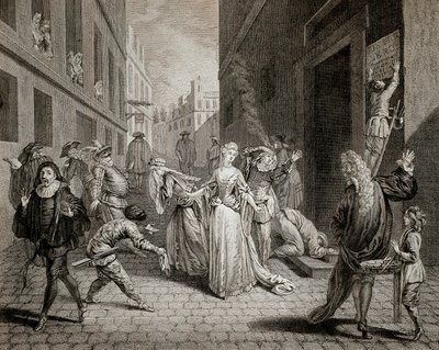 الإرهاب (1793-1794): يتم اصطياد الكوميديين الإيطاليين (ترجمة شخصيات من Commedia dell'arte) خارج مدينة باريس بعد إجراءات الرقابة في المسارح الباريسية. نقش. مجموعة خاصة بواسطة المدرسة الفرنسية
