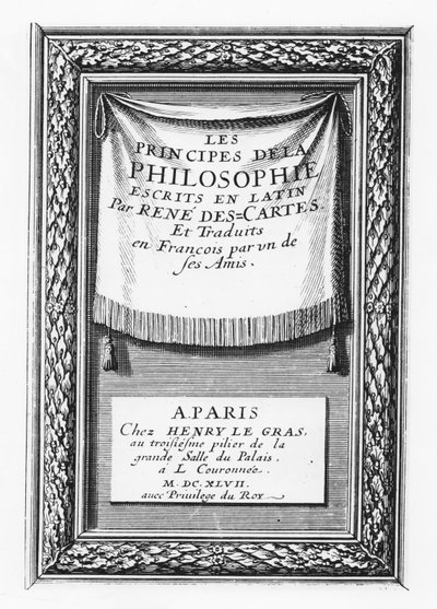 صفحة عنوان "Les Principes de la Philosophie de Descartes" (نقش) بواسطة المدرسة الفرنسية