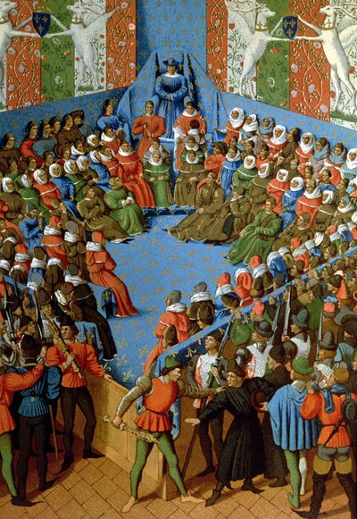 الحكم على جان ، دوق أليكون ، المتهم بالتآمر مع الإنجليز ضد الفرنسيين ، نسخة طبق الأصل من مخطوطة من القرن الخامس عشر كتبها جان فوكيه (لون ليثو) بواسطة المدرسة الفرنسية