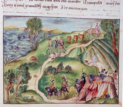 MS Add.15217 fol.40 منظر طبيعي فنزويلي مع معسكر إسباني ، من مجموعة مذكرات عائلة كويلر ، نورمبرغ بواسطة المدرسة الألمانية
