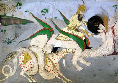 محارب راكب يهاجم تنينًا ، رسم توضيحي من كتاب عن الصوفيين الهنود (حبر على ورق مثبت على بطاقة) بواسطة المدرسة الهندية