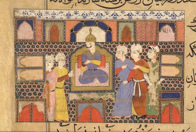 غياث الدين متوجاً بالحضور ، من نعمةنامة ناصر الدين شاه. بواسطة المدرسة الهندية