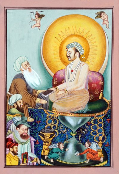 لوحة منمنمة لأبي الفضل وهو يقدم اسم أكبر للإمبراطور المغولي أكبر بواسطة المدرسة الهندية