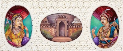 لوحة مصغرة للإمبراطور المغولي أكبر مع زوجته جودا باي بواسطة المدرسة الهندية