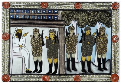 صورة لأسامة بن لادن ، قصة هجمات 11 سبتمبر 2001 رواها الباعة المتجولون باول من البنغال. لوحة ، سلسلة ، رقم 5/9 ، البنغال. بواسطة المدرسة الهندية