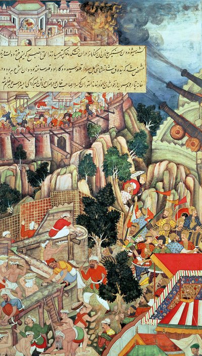 مشهد من عمليات التعدين في حصار شيتورجاره، من "أكبارناما"، مغولي، حوالي عام 1590 (مطبوعة) بواسطة المدرسة الهندية