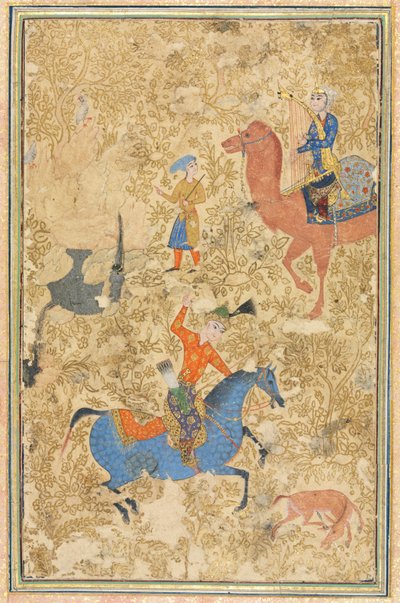 بهرام غور وأزادا، من الشاهنامة (كتاب الملوك) للفردوسي (940-1019 أو 1025) بواسطة المدرسة الإيرانية