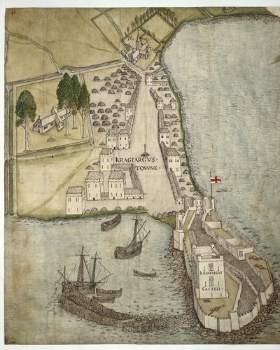 قلعة وبلدة Carrickfergus ، أيرلندا ، حوالي 1560 (قلم حبر وألوان مائية على ورق) بواسطة مدرسة الأيرلندية