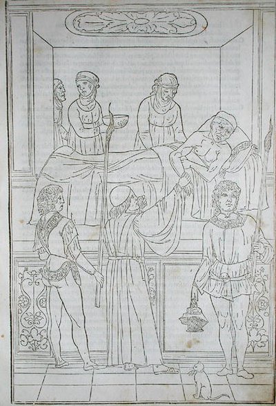 طبيب يزور مريضًا ، من "Fascilulus Medicinae" بقلم يوهانس دي كيتام (DC1490) من القرن الخامس عشر إلى السادس عشر (نقش خشبي) بواسطة المدرسة الايطالية