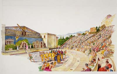 Ancient Athens - reconstruction of a theatre (colour litho) بواسطة المدرسة الايطالية