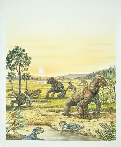 Anomodonts ، المقدمة ، Pareisaurs ، اليسار ، و Dinocephalians ، اليمين ، الباليوزويك ، العصر البرمي (اللون الليثو) بواسطة المدرسة الايطالية