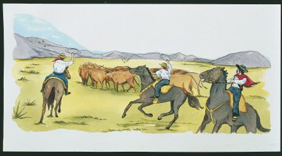 Argentina - gauchos gathering cattle in the Pampas (colour litho) بواسطة المدرسة الايطالية