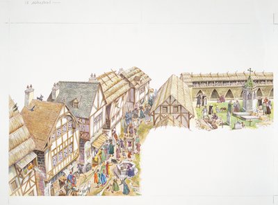 France, Middle Ages - reconstruction of everyday life in a village (colour litho) بواسطة المدرسة الايطالية
