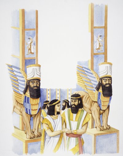 Nebuchadnezzar, King of Babylon, with his wife Amytis of Media, daughter of the King of Media (colour litho) بواسطة المدرسة الايطالية