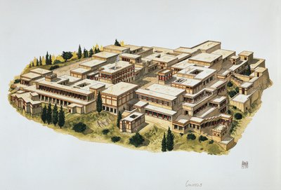 Reconstruction of Knossos Palace, Crete, 20th century BC (colour litho) بواسطة المدرسة الايطالية