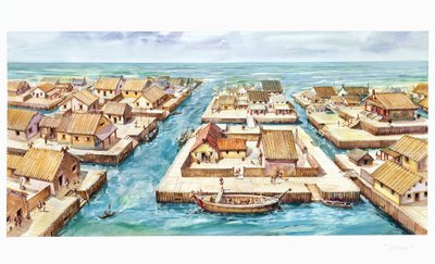 Reconstruction of the port of Spina (colour litho) بواسطة المدرسة الايطالية