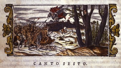 Ruggiero يُحمل بواسطة hippogriff إلى جزيرة Alcina حيث هاجمه جيش من الوحوش ، مشهد من "Orlando Furioso" بواسطة Ludovico Ariosto (1474-1533) بواسطة المدرسة الايطالية