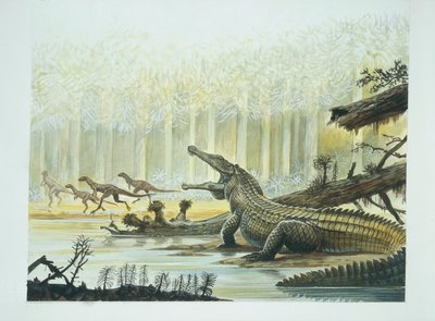 Rutiodon مع Fabrosaurus في الخلفية ، العصر الترياسي (لون ليثو) بواسطة المدرسة الايطالية