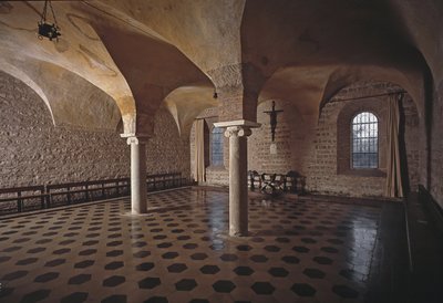 منظر لقاعة الفصل لكنيسة القديس فنسنت وسانت أناثاسوس دير النوافير الثلاثة (تري فونتان) (Chiesa dei Santi Vincenzo e Anastasio alle Tre Fontane) (بيت الفصل لكنيسة القديس فينتشنزو إي أناستاسيو ، abbazia delle Tre الخط بواسطة المدرسة الايطالية